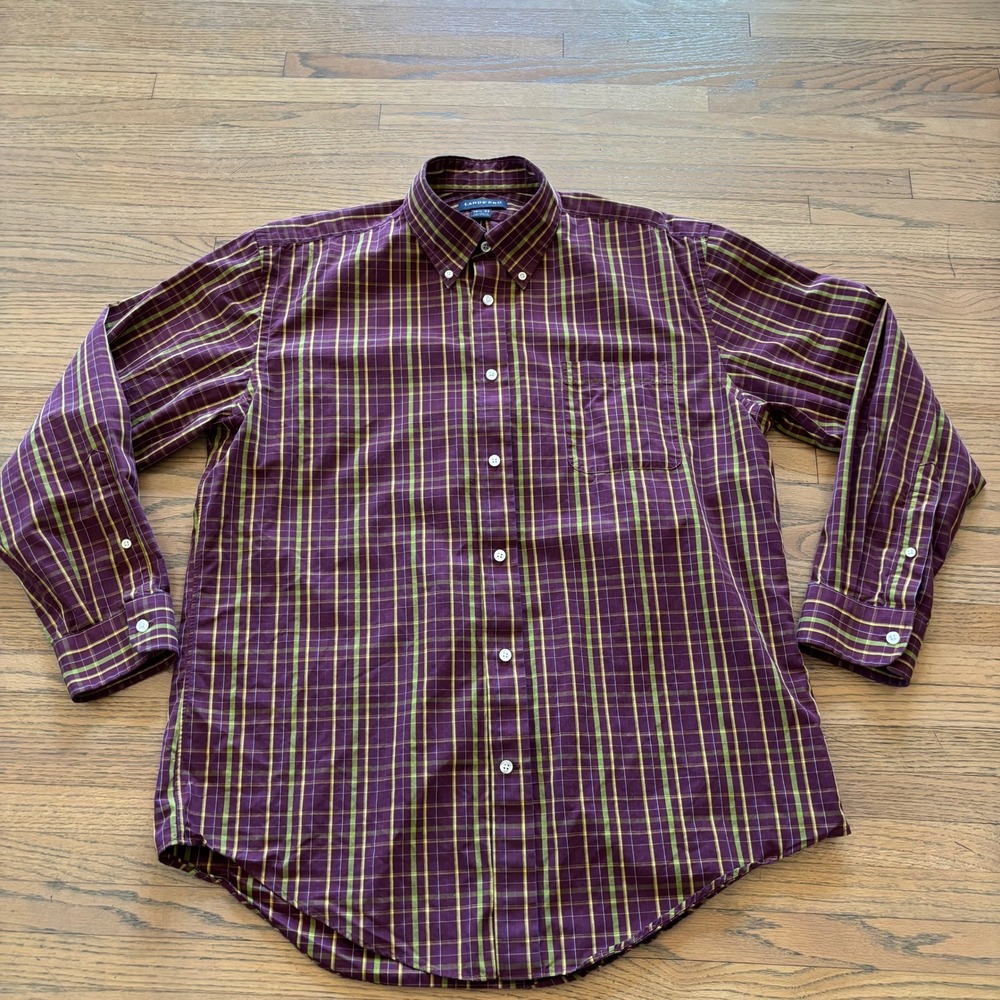 Lands End Mens 16.5-33 Tailored Fit Plaid Button Down Shirt Maroon Gold Purple